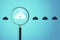 Magnifier zooming in on cloud icon on background. Cloud computing concept. 3D Rendering