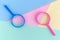 Magnifiers on pastel background search minimalistic concept.