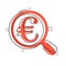 Magnify glass with euro sign icon in comic style. Loupe, money vector cartoon illustration pictogram. Search bill business concept