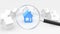 Magnifying glass with blue and white house. Hunting and searching concept