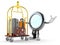 Magnifying glass character with hotel luggage cart