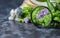 Magnifying glass and crystalline minerals for meditation, moss, book. Magic Rock for Healing stones. Minerals for relaxation,