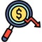 Magnifying glass with decrease arrow icon, Bankruptcy related vector