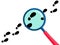 The magnifying glass detective is following in the black footsteps. Vector illustration