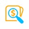 Magnifying glass with dollar currency money search icon, dollar coin with magnifying glass for button app, research icon blue on