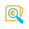 Magnifying glass with euro currency money search icon, euro coin with magnifying glass for button app, research icon blue on