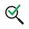 Magnifying glass with green check tick. Vector icon illustration design. For concepts of research, results found, success, reviews