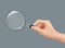 Magnifying glass in hand. Detective holding gadget zoomed loupe lens vector realistic pictures isolated