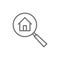 Magnifying glass with house, apartment search line icon.