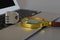 Magnifying glass, laptop and padlock. Login and password, cybersecurity, data protection and secured internet access concept