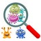 Magnifying Glass look through Germ, Bacteria, Virus, Microbe, Pathogen Characters