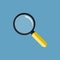 Magnifying glass or loupe isolated. Yellow handheld loupe. Blue background. Find detail. Flat style