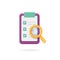 Magnifying glass over clipboard. Checklist icon and magnifier 3d illustration