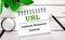 A magnifying glass, a pencil, a green plant and a white notebook with text URL Uniform Resource Locator