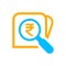 Magnifying glass with rupee currency money search icon, rupee coin with magnifying glass for button app, research icon blue on