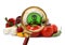 Magnifying glass and vegetables on background. Food poisoning concept