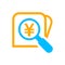 Magnifying glass with yen currency money search icon, yen coin with magnifying glass for button app, research icon blue on orange