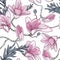 Magnolia background. Spring flowers. Seamless pattern with flawers. Vintage illustration. Blooming tree.