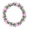 Magnolia flower wreath. Watercolor illustration. Tender pink magnolia flowers and buxus leaves in round decoration