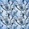 Magnolia - flowers and buds on a blue background. Drawing on craft paper. Seamless pattern. The branches are blooming.