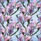 Magnolia - flowers and buds on a blue background. Drawing on craft paper. Seamless pattern. The branches are blooming.