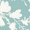 Magnolia flowers leaves tree branch. Seamless pattern texture. White on teal blue background. Vintage outline drawing.