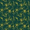 Magnolia flowers on a twig. Seamless floral pattern. Semitransparent yellow flowers on dark green background. Watercolor painting.