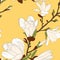 Magnolia tree branch flowers bloom blossom buds. Seamless botanical floral pattern. Bright yellow background.
