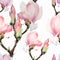 Magnolia. Watercolor. Seamless pattern. Branches are flowering. Wallpaper.