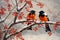 Magpies on Snowy Persimmon Tree with Red Fruits. Generative Ai