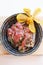 Maguro Bluefin Tuna Spicy Salad Served in Stone Bowl.