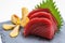 Maguro Sashimi : Sliced Raw Maguro Tuna Served with Sliced Radish on Stone Plate