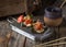 MAGURO ZUKE taco maki served in a dish isolated on wooden background side view of taco maki