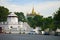 Mahakarn Fortress-an old fort and the Temple of the Golden Mountain Wat Sacket in the cityscape, Bangkok. Thailand