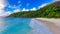 Mahe Beach, Seychelles. Aerial view of tropical coastline on a sunny day