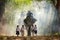 Mahout and student little asian in uniform are raising elephants on walkway in forest. Student little asian girl and boy singsong