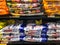 Mahwah, NJ / United States - Aug. 17, 2019: Landcape view of shelves of hallowee candy ready for salwe in a supermarket