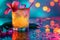 Mai Tai Cocktail Cocktail on Neon Background, Tropical Mocktail, Maitai Beach Party Coctail