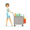Maid character wearing uniform pushing janitor cart full of supplies and equipment, cleaning service of hotel vector