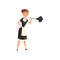 Maid holding a feather duster, housemaid character wearing classic uniform with black dress and white apron, cleaning