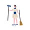 Maid Standing with Mop and Broom, Cleaning Lady Character Wearing Uniform Vector Illustration