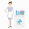 Maid with washing machine, detergent and fabric in basket icon