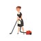 Maid wearing uniform with vacuum cleaner, housemaid character wearing classic uniform with black dress and white apron