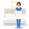 Maid woman with towels and bed sheets. House cleaning service concept