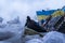 Maidan - hooded activist guard barricades at footbridge on Institutskaya Street