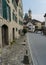 Maienfeld, GR / Switzerland - April 13, 2019: historic Swiss village of Maienfeld with the town center and church spire and an old