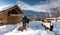 Maienfeld, GR, Switzerland - January 20, 2019: Maienfeld tourist attraction Heidi village in winter with mountain landscape view