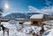 Maienfeld, GR, Switzerland - January 20, 2019: Maienfeld tourist attraction Heidi village in winter with mountain landscape view