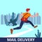 Mail delivery Postman running with bag delivering letter in envelope. Mailman in cap carrying mail, delivery service