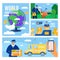 Mail delivery service banners set, postal courier man in front of cargo van delivering package, vector illustration